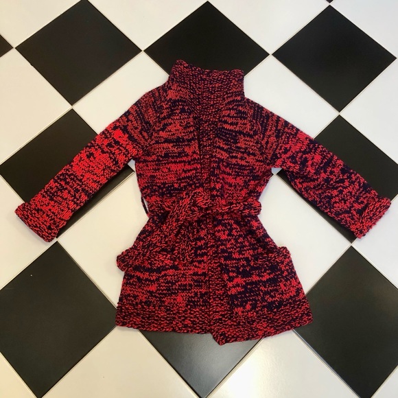 Vintage Handmade Belted Open Sweater Duster Hand Knit Red Orange Navy Crochet ~M